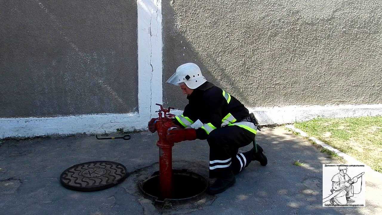 схема системы пожаротушения, показывающая внутренний кран в здании и гидрант на улице